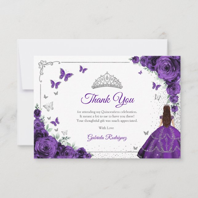 Elegant Chic Purple Roses Silver Quinceanera Thank You Card (Front)