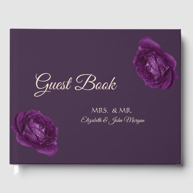 Elegant Chic Purple Roses Wedding Guest Book (Front)