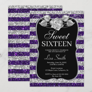 Elegant Chic Purple Silver Glitter Rose Sweet 16 Invitation