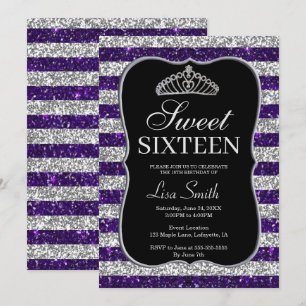 Elegant Chic Purple Silver Glitter Tiara Sweet 16 Invitation