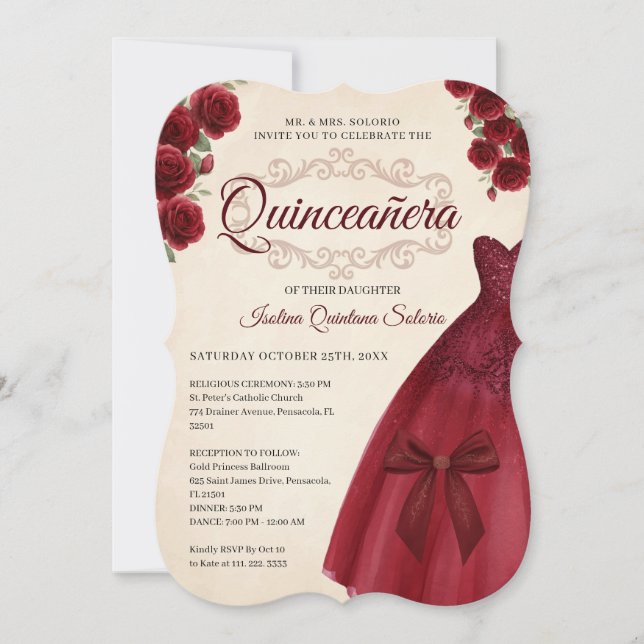 Elegant Chic Quinceanera 15th Birthday Burgundy  Invitation (Front)