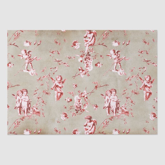 Elegant Chic Red Cupid Angels Floral Toile Kraft Tissue Paper (Front)