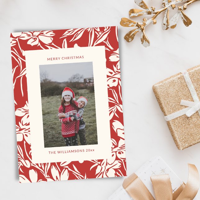 Elegant Chic Red Floral Botanical Christmas Photo Holiday Card (Creator Uploaded)