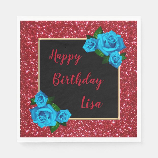 Elegant Chic Red Glitter Blue Roses Birthday Napkin (Front)