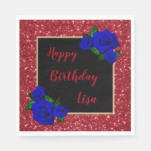 Elegant Chic Red Glitter Deep Blue Roses Birthday Napkin