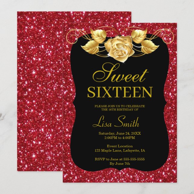 Elegant Chic Red Glitter Gold Rose Sweet 16 Invitation (Front/Back)