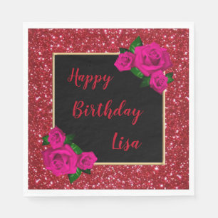 Elegant Chic Red Glitter Pink Roses Birthday Napkin