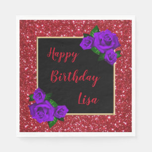 Elegant Chic Red Glitter Purple Roses Birthday Napkin