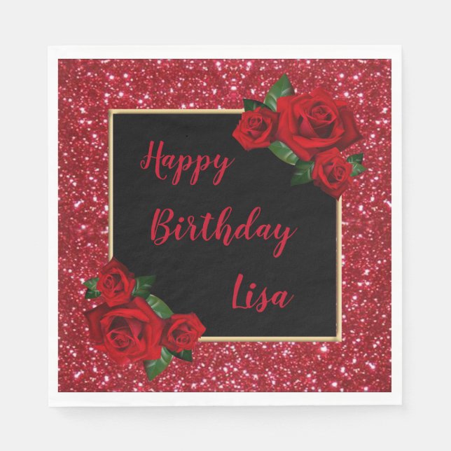 Elegant Chic Red Glitter Red Roses Birthday Napkin (Front)