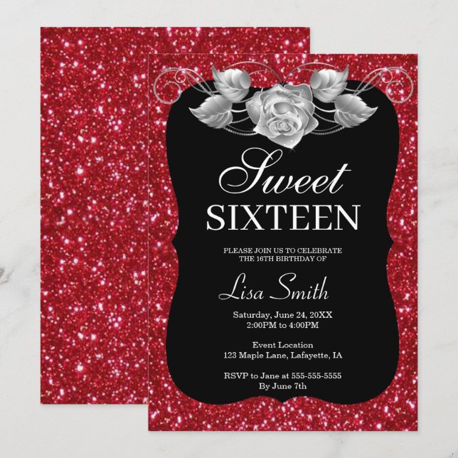 Elegant Chic Red Glitter Silver Rose Sweet 16 Invitation (Front/Back)