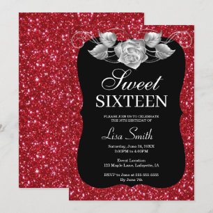 Elegant Chic Red Glitter Silver Rose Sweet 16 Invitation