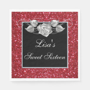 Elegant Chic Red Glitter Silver Rose Sweet 16 Napkin