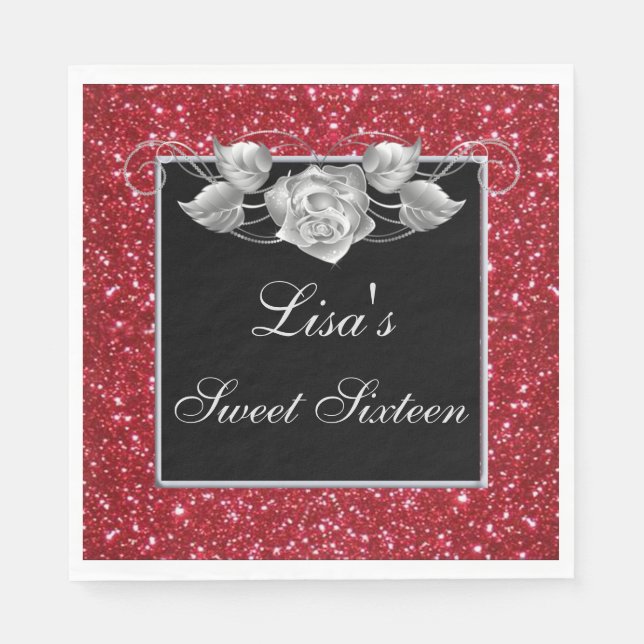 Elegant Chic Red Glitter Silver Rose Sweet 16 Napkin (Front)