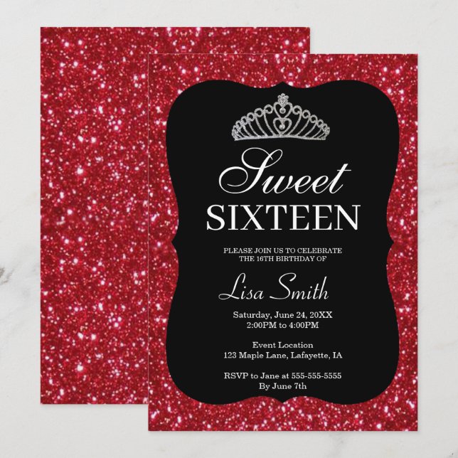 Elegant Chic Red Glitter Tiara Sweet 16 Invitation (Front/Back)