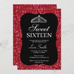 Elegant Chic Red Glitter Tiara Sweet 16 Invitation