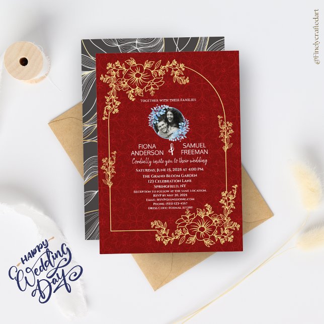 Elegant Chic Red Gold Custom Photo Wedding  Invitation (Creator Uploaded)