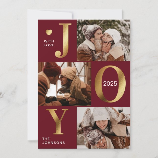 Elegant Chic Red Gold Photo Collage Joy Christmas Holiday Card (Front)