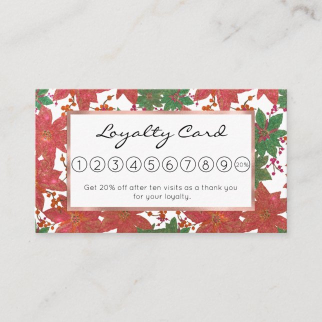 Elegant Chic Red Green Glitter Christmas Floral Loyalty Card (Front)