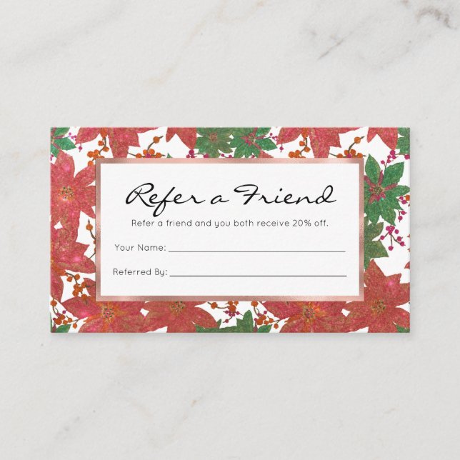 Elegant Chic Red Green Glitter Christmas Floral Referral Card (Front)
