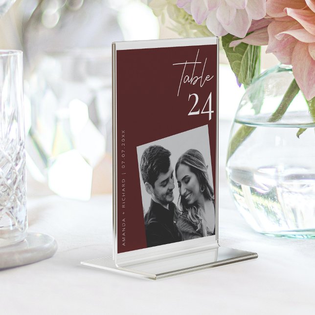 Elegant Chic Red Plum Burgundy Wedding Photo Table Number (Red Plum Burgundy Wedding Modern Romance Photo Table Number)