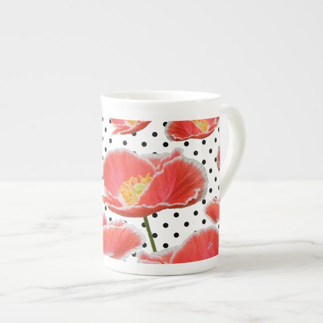 Elegant Chic Red Poppies and Polka Dots Bone China Mug (Front Right)