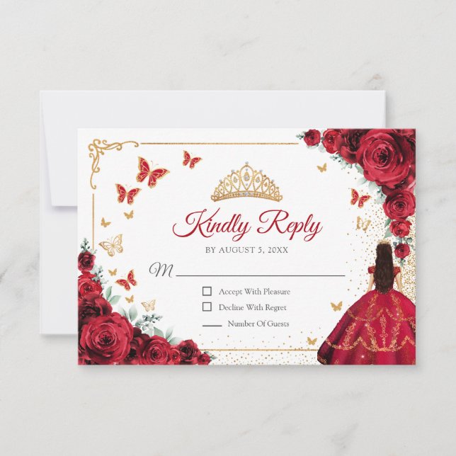 Elegant Chic Red Roses Gold Quinceanera Reply RSVP Card (Front)