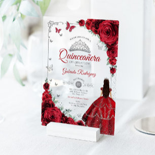 Elegant Chic Red Roses Silver Quinceanera  Acrylic Invitations