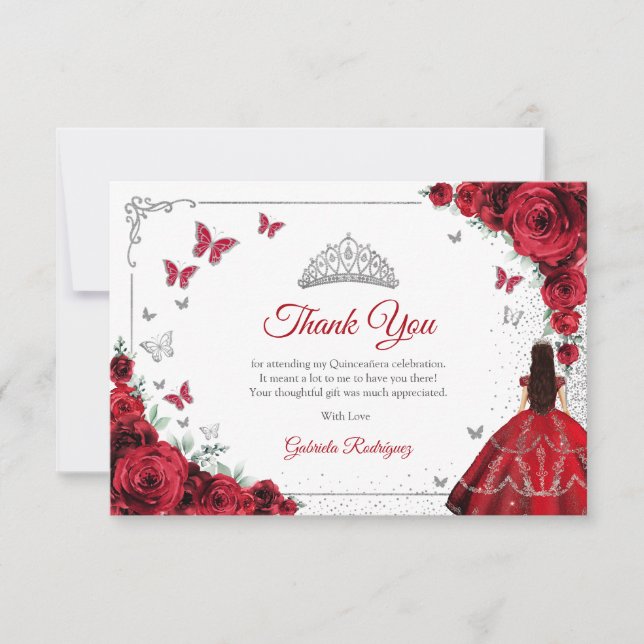 Elegant Chic Red Roses Silver Quinceanera Thank You Card (Front)