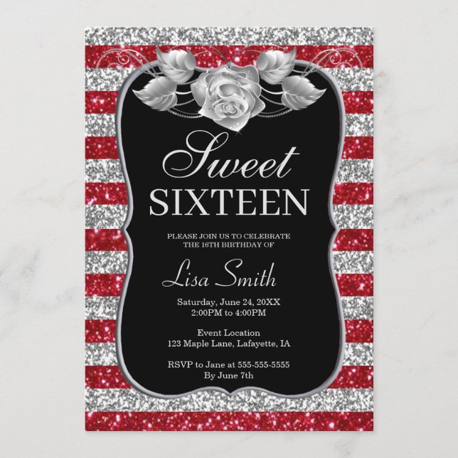 Elegant Chic Red Silver Glitter Rose Sweet 16 Invitation (Front)