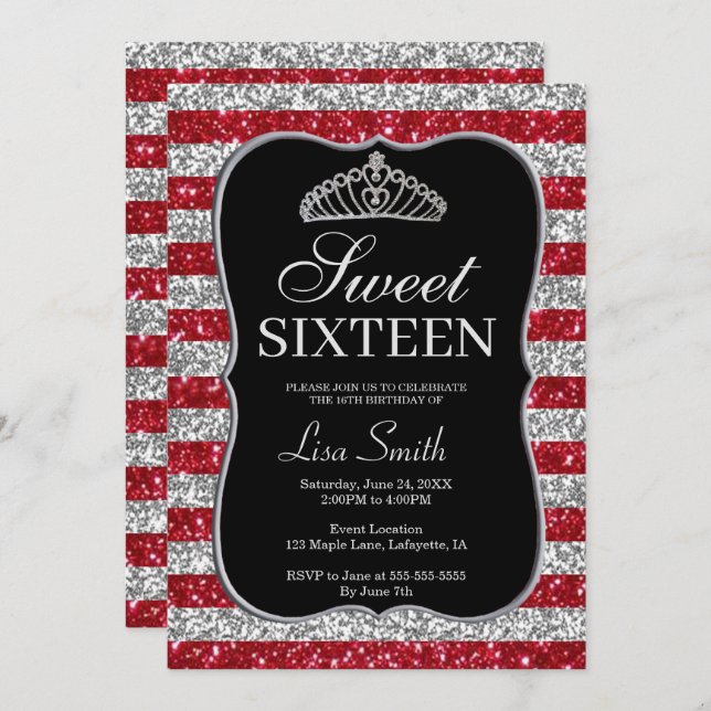 Elegant Chic Red Silver Glitter Tiara Sweet 16 Invitation (Front/Back)