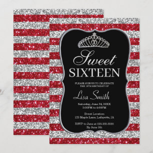 Elegant Chic Red Silver Glitter Tiara Sweet 16 Invitation