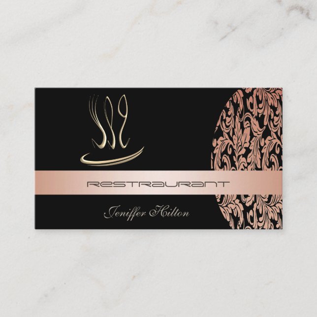 Elegant chic restaurant/ catering damask vintage business card (Front)