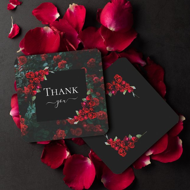 Elegant Chic Romantic Thank You Red Roses Floral   Card (#zazzlemade #roses #love #thankyoucard #valentine #script #calligrahpic #blackandred #redroses)