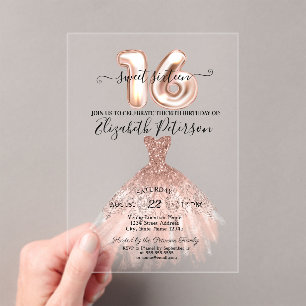 Elegant Chic Rose Gold Dress Confetti Sweet 16 Acrylic Invitations