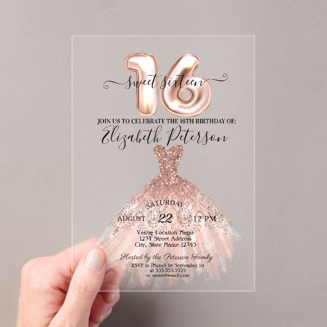 Elegant Chic Rose Gold Dress Confetti Sweet 16 Acrylic Invitations (Insitu (Handheld))