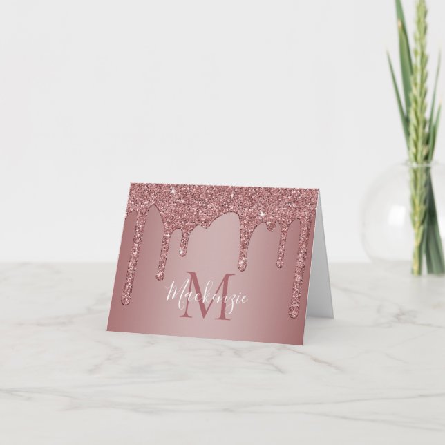 Elegant Chic Rose Gold Dripping Glitter Monogram Thank You Card (Front)
