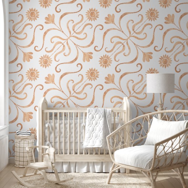 Elegant Chic Rose Gold Floral Damask Pattern Light Wallpaper (Kids)