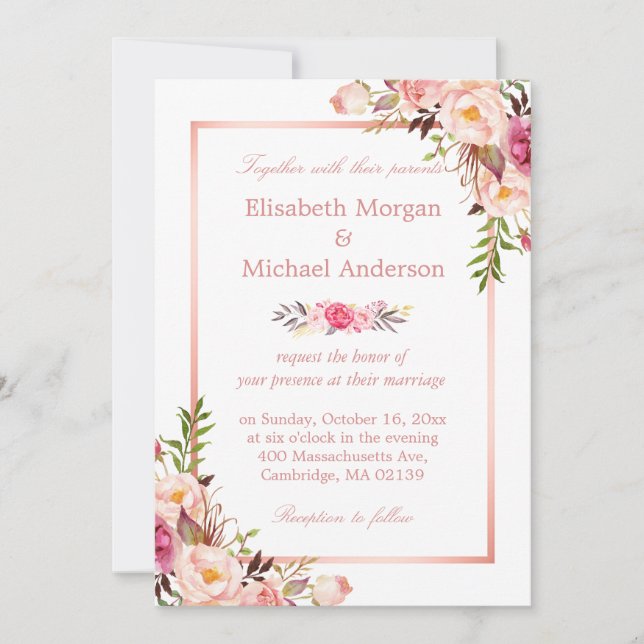 Elegant Chic Rose Gold Floral Wedding Invitation (Front)