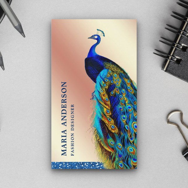 Elegant Chic Rose Gold Foil Blue Indian Peacock Business Card (Creator Uploaded)