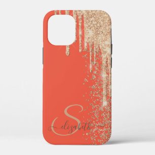 Elegant Chic Rose Gold Glitter Drips Diamonds iPhone 12 Mini Case