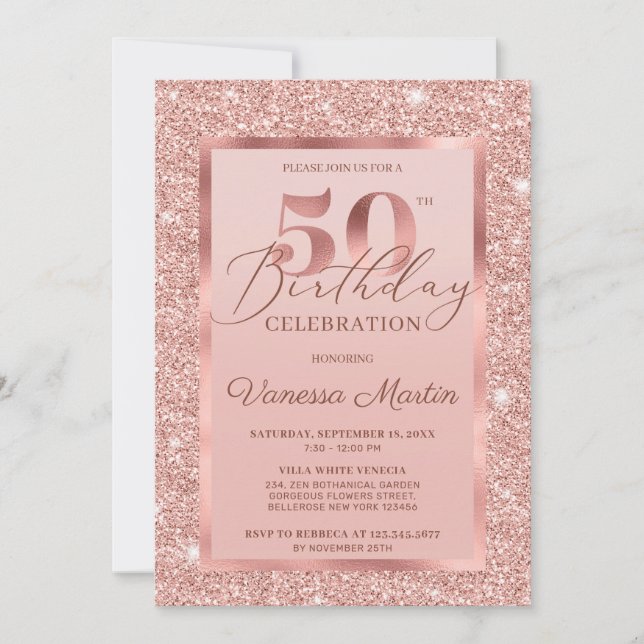 Elegant chic rose gold glitter foil 50th birthday invitation (Front)