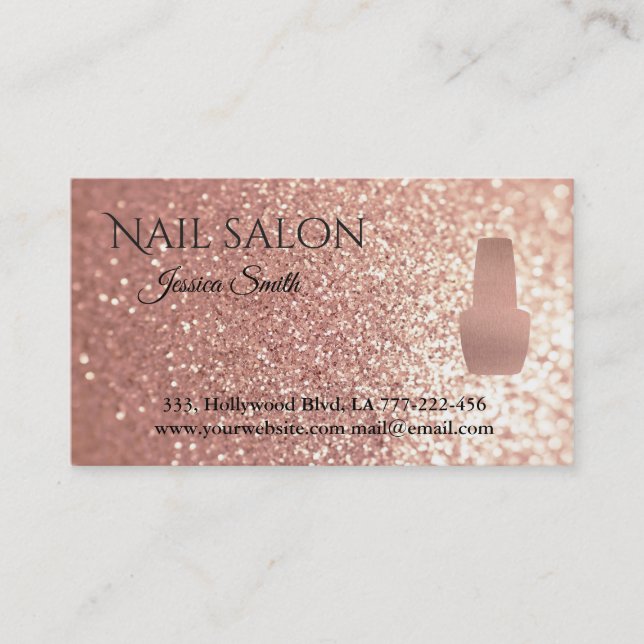 Elegant chic rose gold glittery nail salon appointment card (Front)