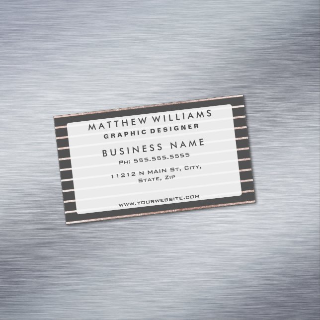 Elegant Chic Rose Gold Stripes and Black Magnetic Business Card (In Situ)