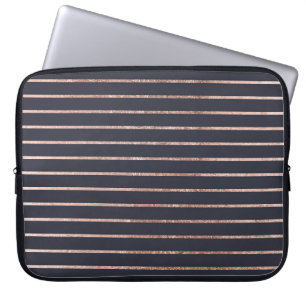 Elegant Chic Rose Gold Stripes and Navy Blue Laptop Sleeve