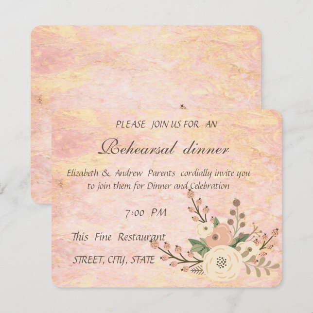 Elegant Chic Rose Marble  Floral Rehearsal Dinner Invitation (Front/Back)