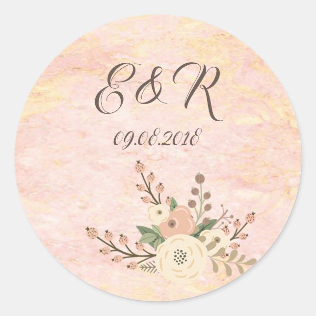 Elegant Chic Rose Marble  Floral Wedding Classic Round Sticker (Front)