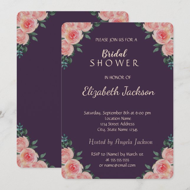 Elegant Chic Roses Purple  Bridal Shower Invitation (Front/Back)