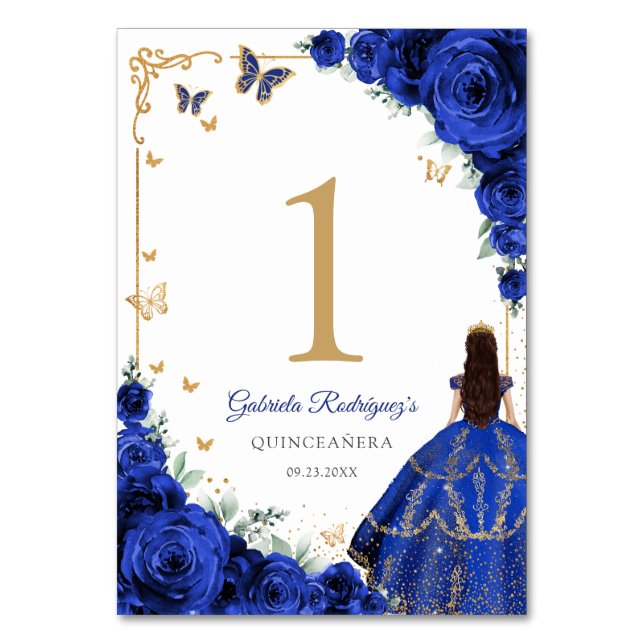 Elegant Chic Royal Blue Roses Gold Quinceanera Table Number (Front)