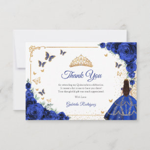 Elegant Chic Royal Blue Roses Gold Quinceanera Thank You Card