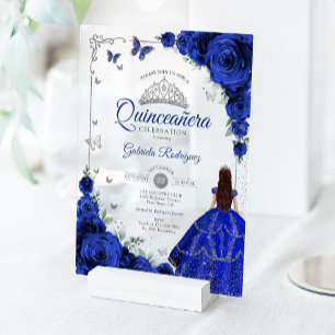 Elegant Chic Royal Blue Roses Silver Quinceanera  Acrylic Invitations